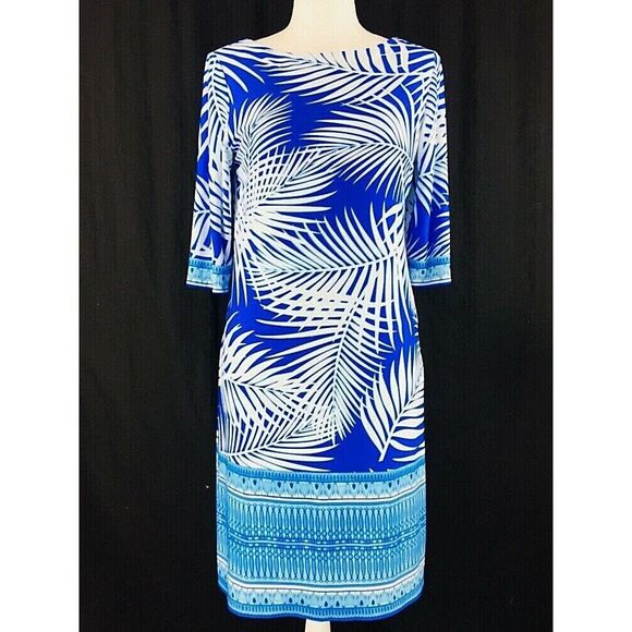 Sandra Darren Womens Sheath Dress Sz S Small Blue Floral 3/4 Sleeve Stretch Midi - Picture 1 of 9